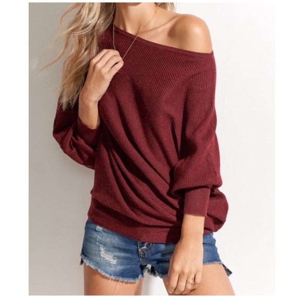 Sweaters - Wine Slouchy Off The Shoulder Knit Oversized Top